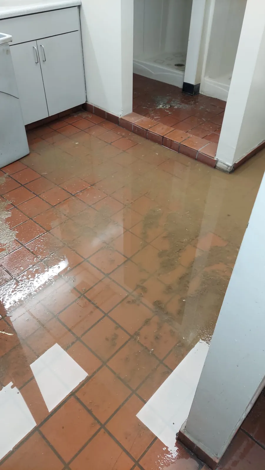 Clean red tile floor with a reflective wet-look finish